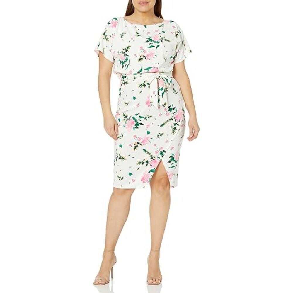 Kensie Floral White Pink Midi Dress Scuba Crepe Size 6 Feminine Romantic Belted